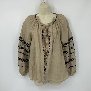 Benaras linen blouse embroidery fringe tie tassels Aztec navy blue top shirt S